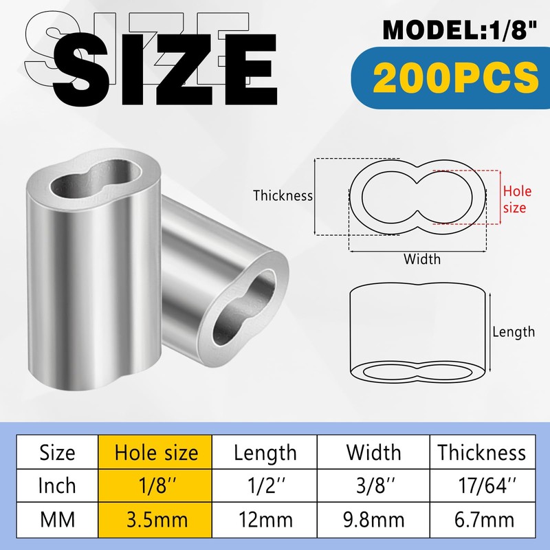Yaocom 200 Pcs 1/8 Aluminum Crimping Loop Sleeve Cable Crimp