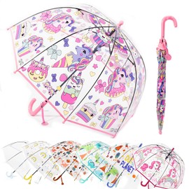 MRTLLOA Kids Pink Unicorn Clear Bubble Umbrella, Toddler Grip Curved Handle Stick Rain Umbrella(Pink Unicorn)