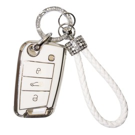 RCBDCYGJ Car Key Case Cover Fits VW Golf 7 Polo MK6 Jetta Tiguan Skoda Superb Seat Leon, 3 Buttons Key Case TPU Key Case with Leather Pendant Key Ring