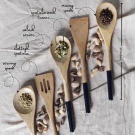 The Art Box Wooden Cooking Spoon Utensils Set of 5 - Kitchen Serving Tools Non-Stick Cookware 12 Inch Wooden Fork, Corner Spoon, Slotted Turner, Spoon, Spatula For Baking, BPA Free, Black