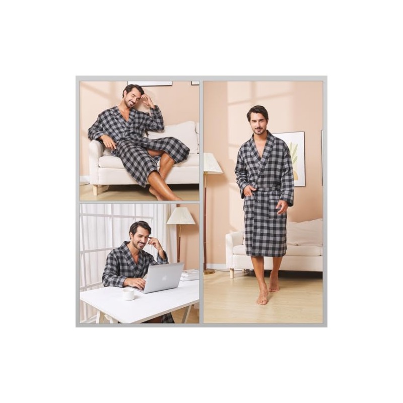 FashGudim Men's Cotton Lightweight Thin Short Dressing Gown Checked Summer