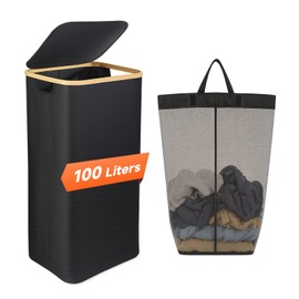 26 Gall/100L Foldable Laundry Hamper with Lid & Collapsible Basket - Clothes Hampers for Laundry with Bamboo Handles and A Removable Bag, Portable Clothes Organizer for Home, Dorm, Travel, Black