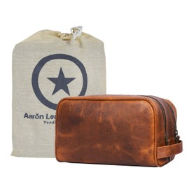 Aaron Leather Goods Leather Toiletry Bag for Men and Women Brown 10.5 Inch (Caramel)
