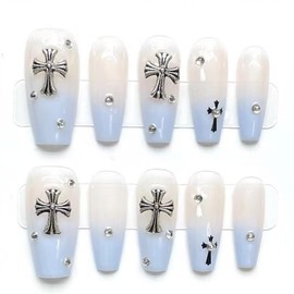 [Set of 10] Nail Tips, 3D Design, Long & Short, Korean Style, Cute, Fake Nails, Blue, Red, Pink, Black, Mine Type, Cat Eye, With Rhinestones, For School Entrance Ceremonies, Graduation Ceremonies