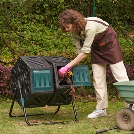 EAST OAK Dual Chamber Outdoor Compost Tumbler, 2 × 18.5 Gallon Compost Bin, Rotating Composter with Aeration and Locking System for Garden, Kitchen, Yard