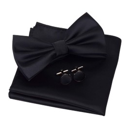 Gusleson Mens Plain Color Black Pre-tied Bow Tie and Pocket Square Cufflink Set for Wedding (UK0570-07)