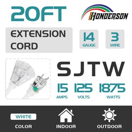 HONDERSON 3-Outlets Indoor Outdoor Extension Cord Weatherproof with Lighted End, UL Certified, 14 Gauge 20FT White 3 Prong Heavy Duty, 14/3 SJTW 15A Power Cord