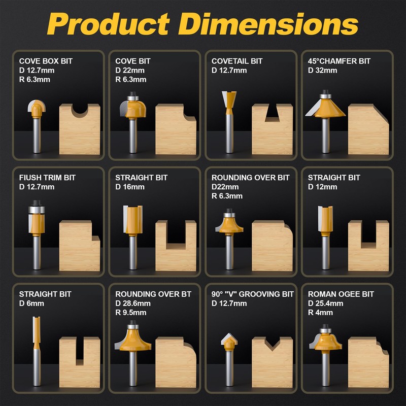 REKCKRUL 12 Pieces Tungsten Carbide Router Bit Set 1/4 Inch