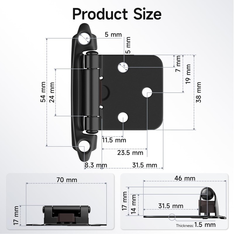 HOSOM 10 Pack 1/2 Inch Overlay Matte Black Cabinet Hinges,