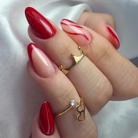 Red Press On Almond French Tip Glue On Stripe Stick On Glossy Nude Full Cover Acrylic Nails for Women and Girls - 24pcs