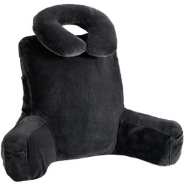 Rengue 31" Large Bed Rest Pillow with Detachable Neck Roll, Ergonomic Reading Pillow with Pockets for Sitting in Bed/Couch, Backrest Pillow with Arms for Reading, Watching TV, Gaming (Black)