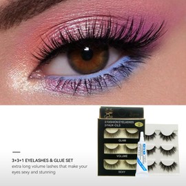 3D False Lashes, 6 Pairs Strip Lashes with Glue, Natural Eyelashes Volume Fluffy Wispy Eyelashes, Thick Long Fake Eyelashes Russian Lashes