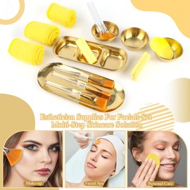26 Pcs Esthetician Supplies 3 Gold Mixing Bowls Gold Small Serving Tray 3 Compartment Serving Tray 3 Facial Fan Brushes 3 Face Mask Applicator Brush 12 Facial Sponge Compressed Round 3 Hair Band