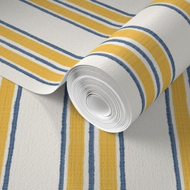 Spoonflower Commercial Grade Wallpaper Swatch - Ticking Stripe Traditional Classic Timeless Blue Yellow Cream Traditional Wallpaper