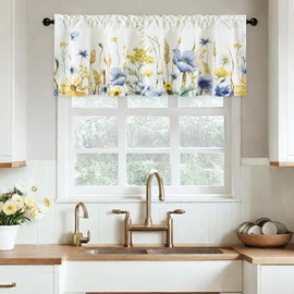 Leeva Farmhouse Style Valances for Windows, Linen Textured Light Filtering Valances for Bedroom, Rod Pocket Flower Botanical Print Short Curtains for Kitchen, 60 x 18 Inches