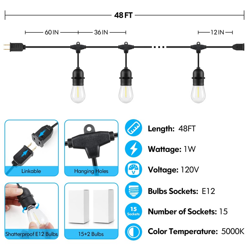 Lakumu 48FT LED Outdoor String Lights for Patio with Waterproof
