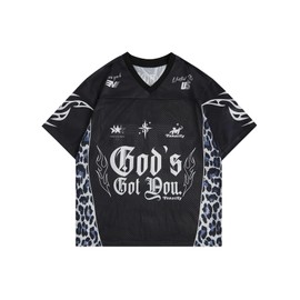 SOLY HUX Men's Jersey Shirts Mesh Graphic Tees V Neck Drop Shoulder Short Sleeve Loose Streetwear Tops Black Letter Medium