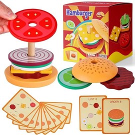 Wooden Stacking Toys, Montessori Toys for Kids Burger Stacking Toys Educational Preschool Learning Toys - style: hamburger