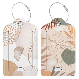 Hsxnam 2 Pack PU Leather Luggage Tags for Suitcase, Travel Cruise Luggage Tag with Privacy Flap, Name ID Label and Metal Loop for Women Men Baggage Handbag School Bag Backpack, Modern Abstract Leaves
