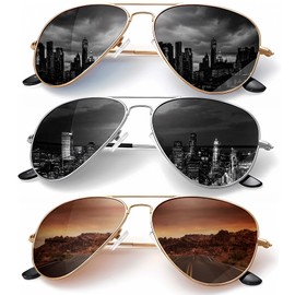 KALIYADI Classic Aviator Sunglasses for Men Women Driving Sun glasses Polarized Lens UV Blocking, F (3 Pack) Brown/Golden Black/Silvery Black, Medium