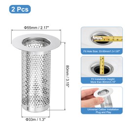 sourcing map 2 Pack Shower Drain Strainer, 3.2" x 2.2" 304 Stainless Steel Floor Drain Strainer Deep Sink Hair Catcher for Kitchen Bathroom Balcony Floor Drain, Fit Hole Size from 1.4" to 2"