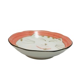 JapanBargain, Set of 4 Japanese Soup Bowls Shallow Porcelain Bowl for Curry Rice Cereal Poke Salad and Dessert, Maneki Neko Smiling Cat Pattern, Made in Japan, 8.5 inch, Pink Color