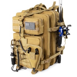 45l Large Fishing Tackle Backpack with Removable Plier Holder & Rod Holders, Khaki Tactical Bag, Fishing Gear and Tackle Box Organizer, Hiking Rucksack without Tackle Box