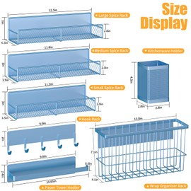 Magnetic Spice Rack for Refrigerator, 7 Pack 100% Metal Strong Magnet Shelf, Spice Organizer W/Paper Towel Holder, Hook Rack, Utensil Caddy & Cutting Board Holder, Home Kitchen Organization (Blue)