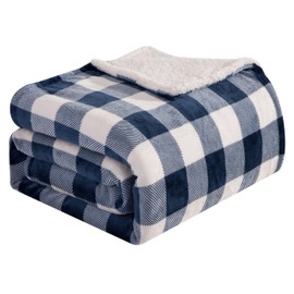 Elegant Comfort Ultra Soft Reversible Buffalo Plaid Flannel Sherpa Blanket - Cozy Silky Checkered Fleece Throw for Couch, Bed - Plush Fuzzy Warm Winter Blanket for Gift, Queen, Navy