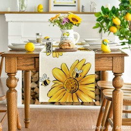 Artoid Mode Beige Bee Sunflower Table Runner, Seasonal Spring Summer Flowers Kitchen Dining Table Decoration for Home Party Decor 13 x 72 Inch