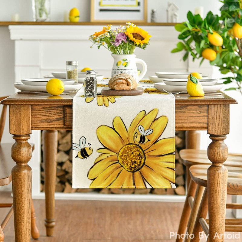 Artoid Mode Beige Bee Sunflower Table Runner, Seasonal Spring Summer