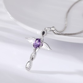 JiaYang Silver Angel Wings Cross Pendant Purple Infinity Cross Necklace for Women AAAAA Cubic Zirconia Infinity Cross Necklace Religious Cross Jewellery Christian, Sterling Silver, Cubic Zirconia