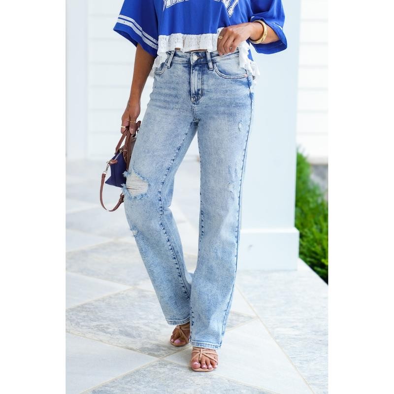 Judy Blue High Rise Light Mineral Wash Distressed 90's Straight