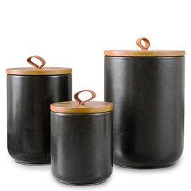 Tenforie Black Canister Sets for Kitchen, 3pcs Ceramic Canisters with Airtight Wooden Lid, Food Storage Jar, Large Kitchen Storage Containers for Serving Coffee Beans, Tea, Sugar, Salt, Spices