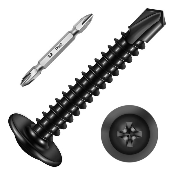 Mywish 200Pcs #10×1-1/4" Black Self Tapping Screws for Metal, Sheet