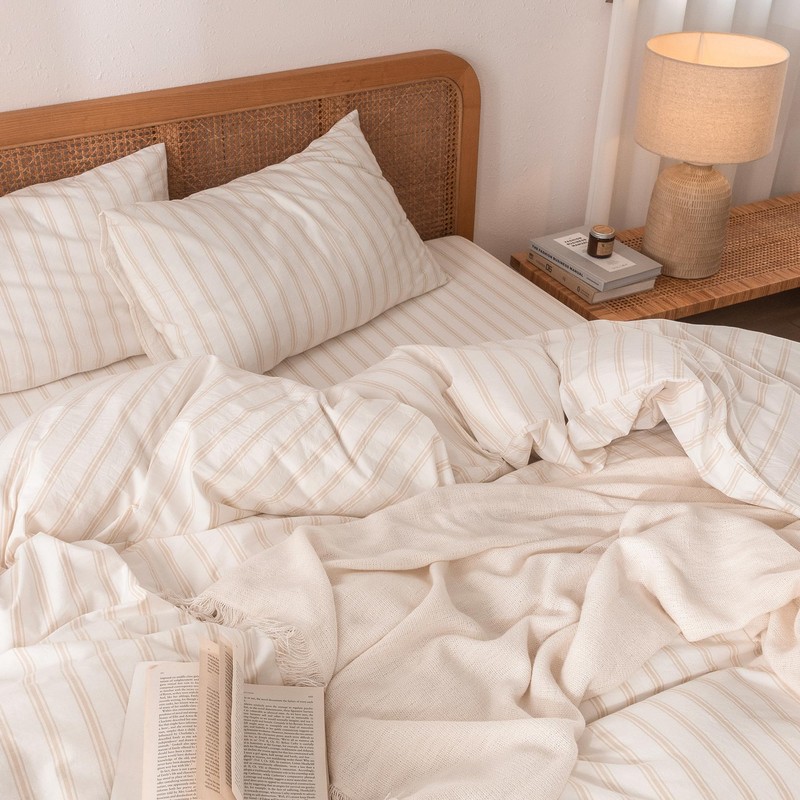 Striped Cotton Duvet Cover Set Linen Feel Queen