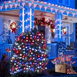 EEW 2pk Red White and Blue Solar String Lights Outdoor Waterproof, Solar Powered LED Patriotic Lights 200 LED, Solar Tree Lights for Independence Day Decor 4th of July Memorial Day Decorations