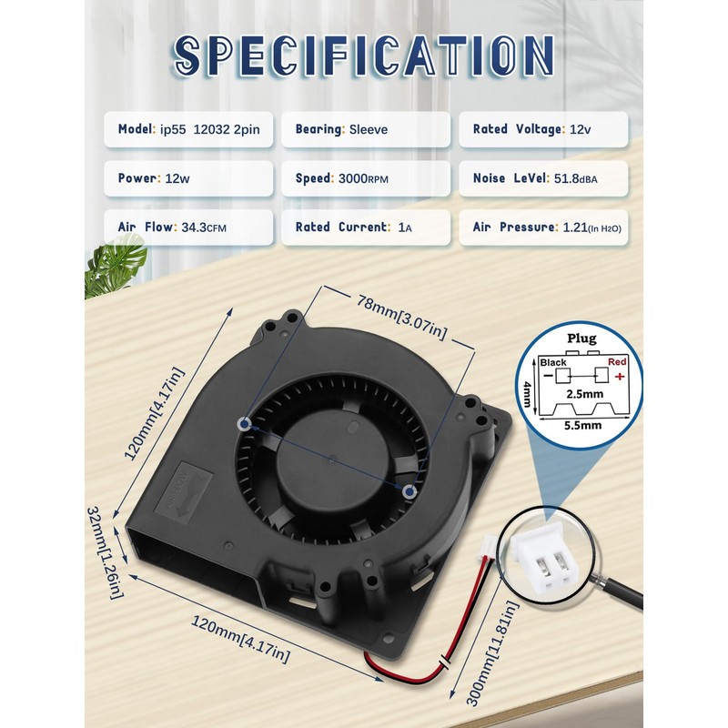 AmRunJe 12V DC Blower Fan 120mm x 32mm, 5inch 2Pin