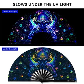 Raveahem Large Folding Fan, 13 Inch Clack Rave Fan Hand Held Fan for Women Men with Premium Satin Fabric, Thick Bamboo Frame for EDM, Music Festival, Party, Dance, Decoration, Gift (Alien Cosmos)