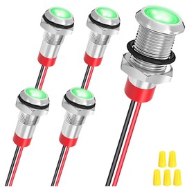 MKBKLLJY 5Pcs 8mm DC 12-24V Green LED Metal Indicator Light Waterproof Signal Lamp with 150mm Cable Length Metal LED Indicator Light and Wiring Cap for Car Interior Trucks Boats Engine taillight