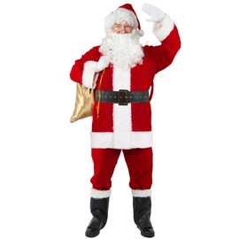 Wabolay Santa Claus Costume for Men Professional Santa Suit Adults 10PCS Mens Deluxe Red Christmas Clause Outfit Adult Xmas Cosplay Vacation Set L