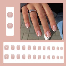 French False Nails Short, 24Pcs White French Fake Nails, Square Press on Nails Pattern, Glitter French Nail Tips with Nail Glue, Squoval Stick on Nails for Women Girls Nails Art (Glitter)