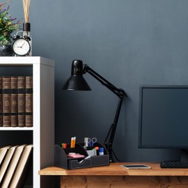 Relaxdays Desk Organiser, Office Organiser with 6 Compartments & Drawer, H x D: 14 x 28.5 x 15 cm, Pen Holder, Black