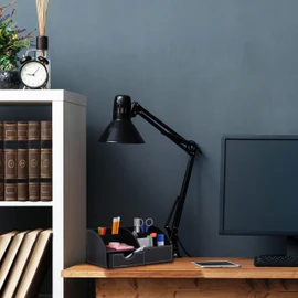 Relaxdays Desk Organiser, Office Organiser with 6 Compartments & Drawer, H x D: 14 x 28.5 x 15 cm, Pen Holder, Black