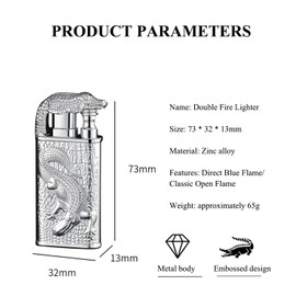 Magic Dual Flame Crocodile Lighter, Torch & Soft Flame Lighter, Creative Windproof Croc Torch Lighter, Cool Dual Jet Flame Butane Lighter, Refillable Butane Lighter for Outdoor Indoor (Silver)