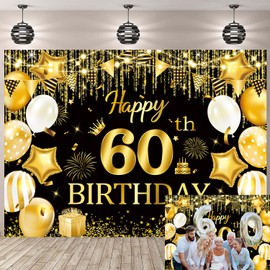 60th Happy Birthday Backdrop Glitter Black and Gold Birthday Photography Background for Women Men Sixty Party Decoration Supplies 6x4ft
