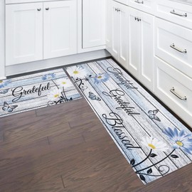 Mofvugz Farmhouse Kitchen Mats for Floor 2 Piece, Blue Kitchen Rugs and Mats Non Skid Washable for Sink Floor, Floral Blue Kitchen Accessories and Decor Mat, 17"x30"+17"x47"