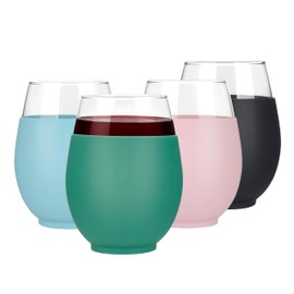 Tronco 20oz Stemless Wine Glasses Set of 4, Reusable Wine Glasses with Silicone Sleeve, Dishwasher Safe & BPA-Free, for Red & White Wine, Cocktails, Home Bar, Parties, Birthdays, Gifts