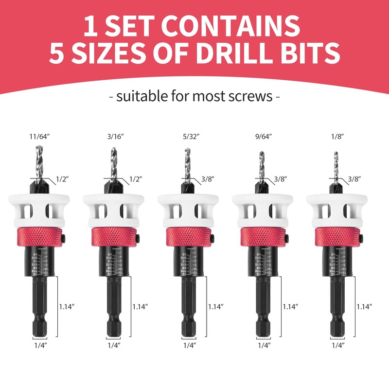 Countersink Drill Bit Set, 5 pcs Carbide Drill Bits with