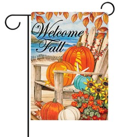 Hzppyz Welcome Fall Pumpkins Garden Flag, Home Decorative Tropical House Yard Outdoor Flag Nautical Beach Decoration, Autumn Coastal Outside Decor Marine Life Seasonal Small Flag Double Sided 12x18